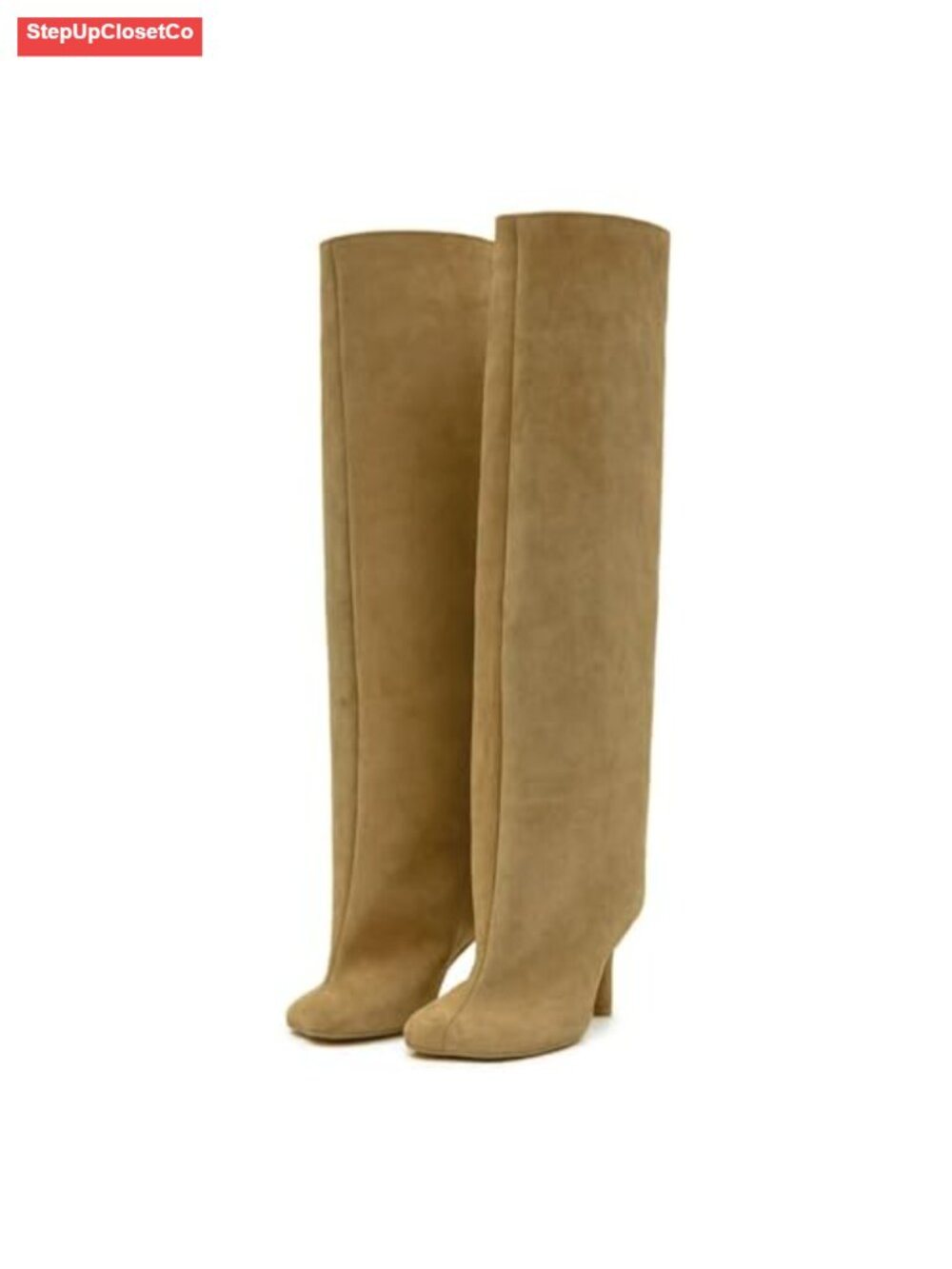 Faux Suede Knee High Stiletto Boots Square Toe Pull On Wide Calf